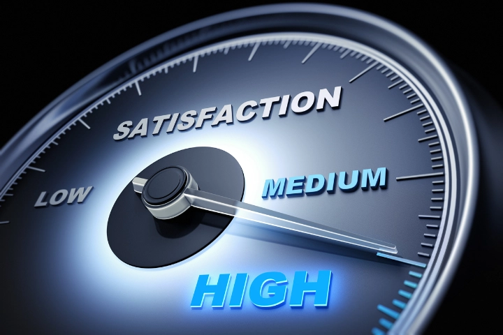 Analog satisfaction gauge with the needle pinned to High.