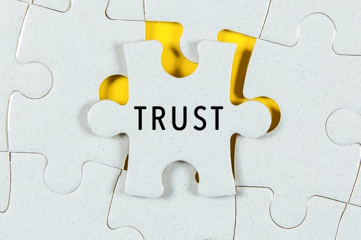 Puzzle piece labeled Trust being placed into a nearly finished puzzle.