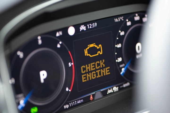 Dashboard instrument cluster with check engine light illuminated.